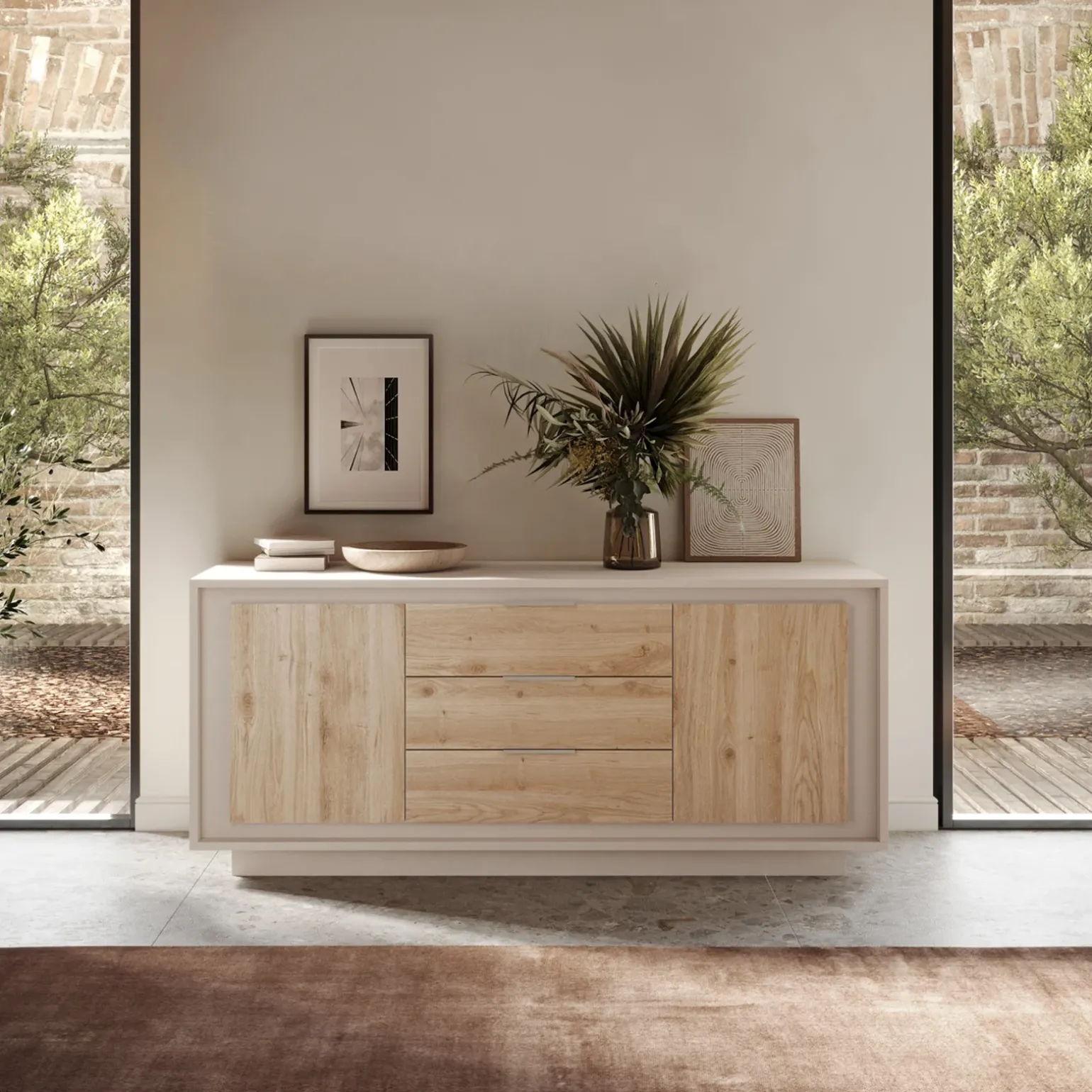 Madia 180x80h cm 3 cassetti 2 ante moderna beige rovere chiaro Deluxe