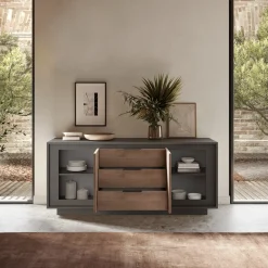 Madia 180x80h cm 3 cassetti 2 ante moderna antracite rovere scuro Deluxe
