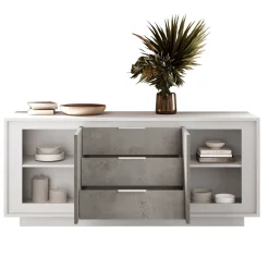 Madia 180x80h cm 3 cassetti 2 ante moderna bianco opaco grigio cemento Deluxe