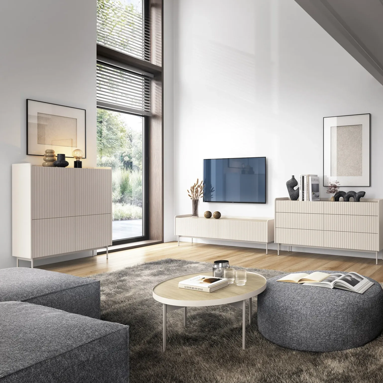 Madia 153x82h cm 6 cassetti beige cannettato rovere Fioca
