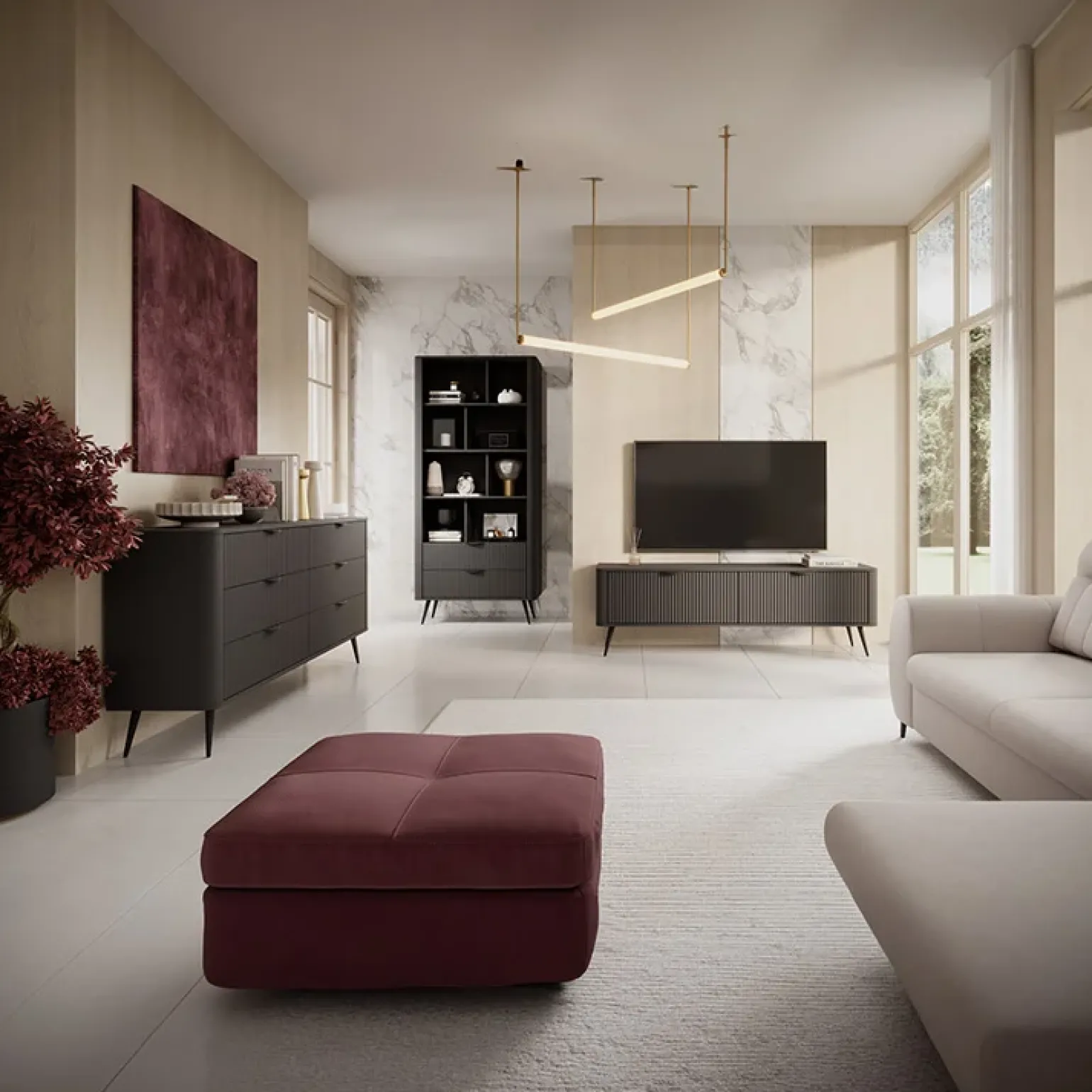 Madia 163x81h cm 6 cassetti moderna nero opaco cannettato Ramis