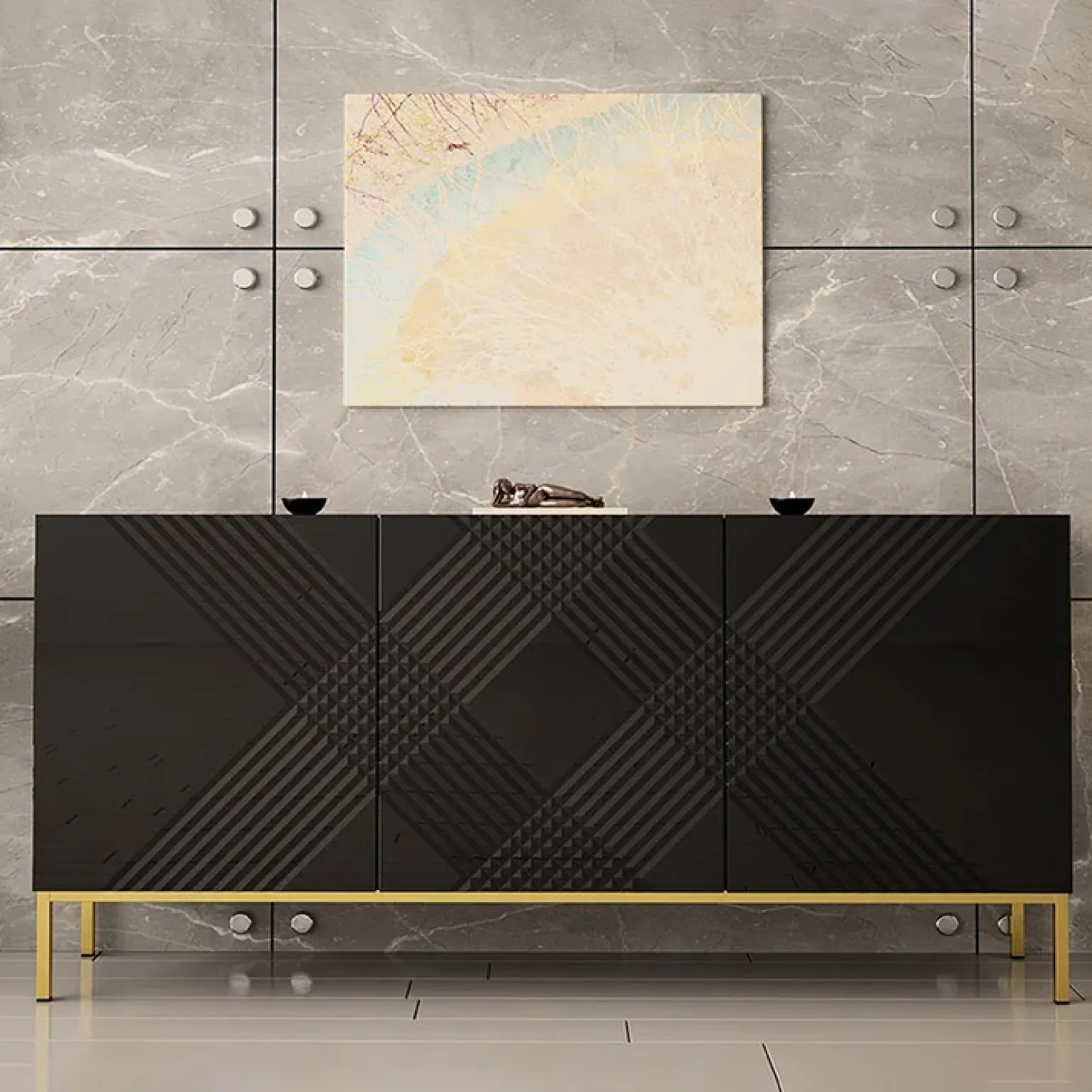 Madia 160x76h cm con frontale decorato moderna nero lucido Marisa