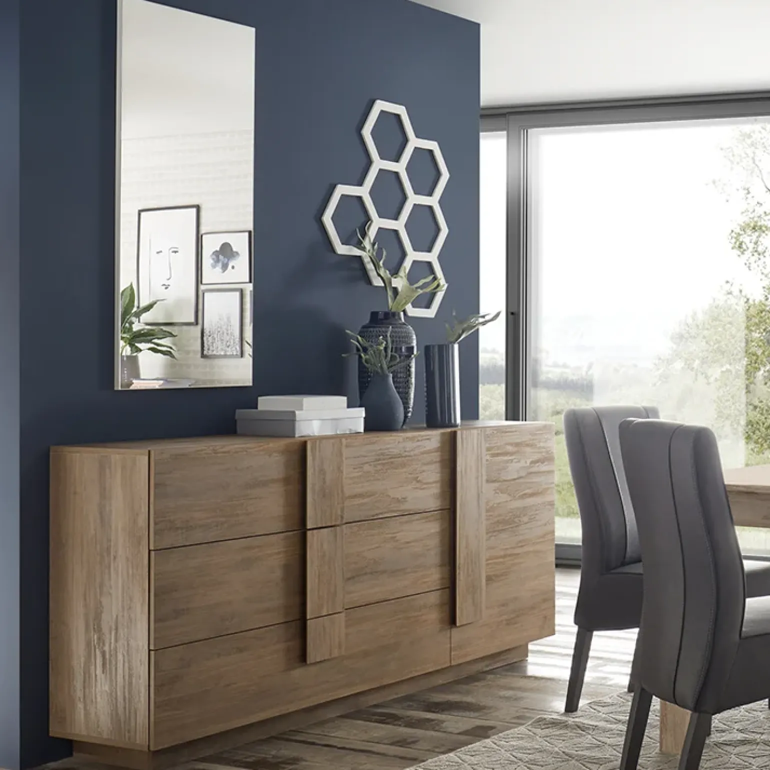 Madia 182x90h cm moderna 1 anta 3 cassetti rovere Alvarez