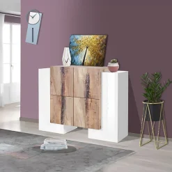 Madia 130x85h cm moderna bianco lucido rovere chiaro Akoya
