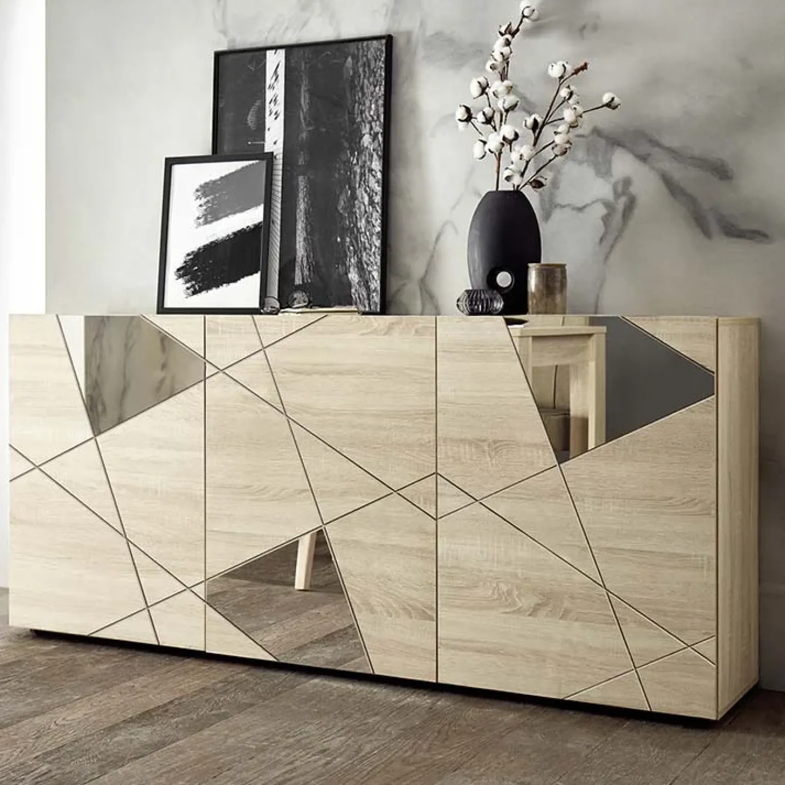 Madia 181x84h cm moderna samoa specchio con serigrafia 3 ante Olimpo