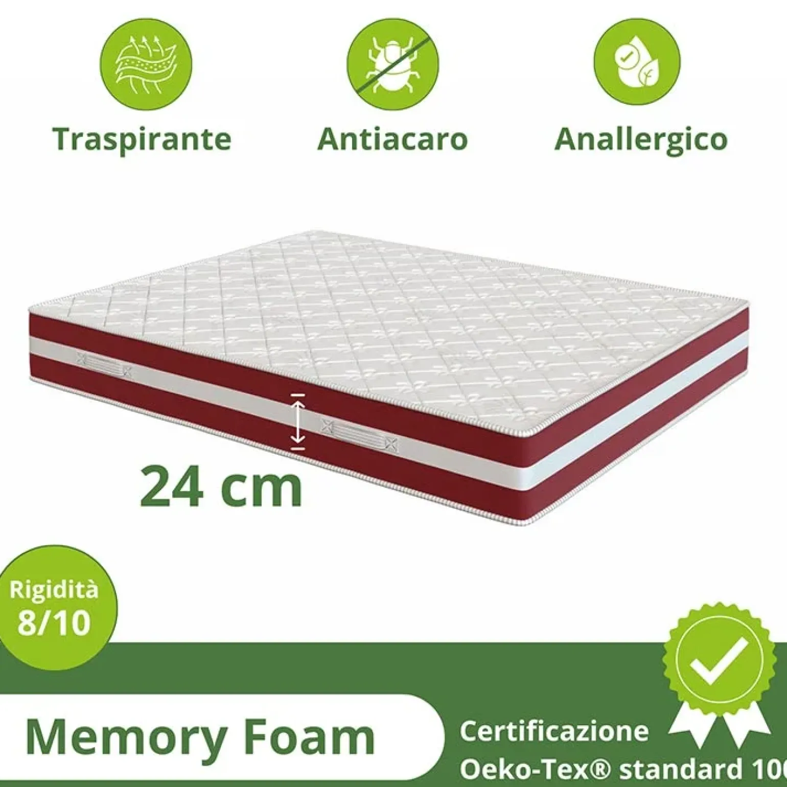 Materasso alla francese 140x200cm doppio strato memory antiacaro H. 24cm Superior Memory