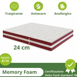 Materasso matrimoniale 160x200cm doppio strato memory antiacaro H. 24cm Superior Memory