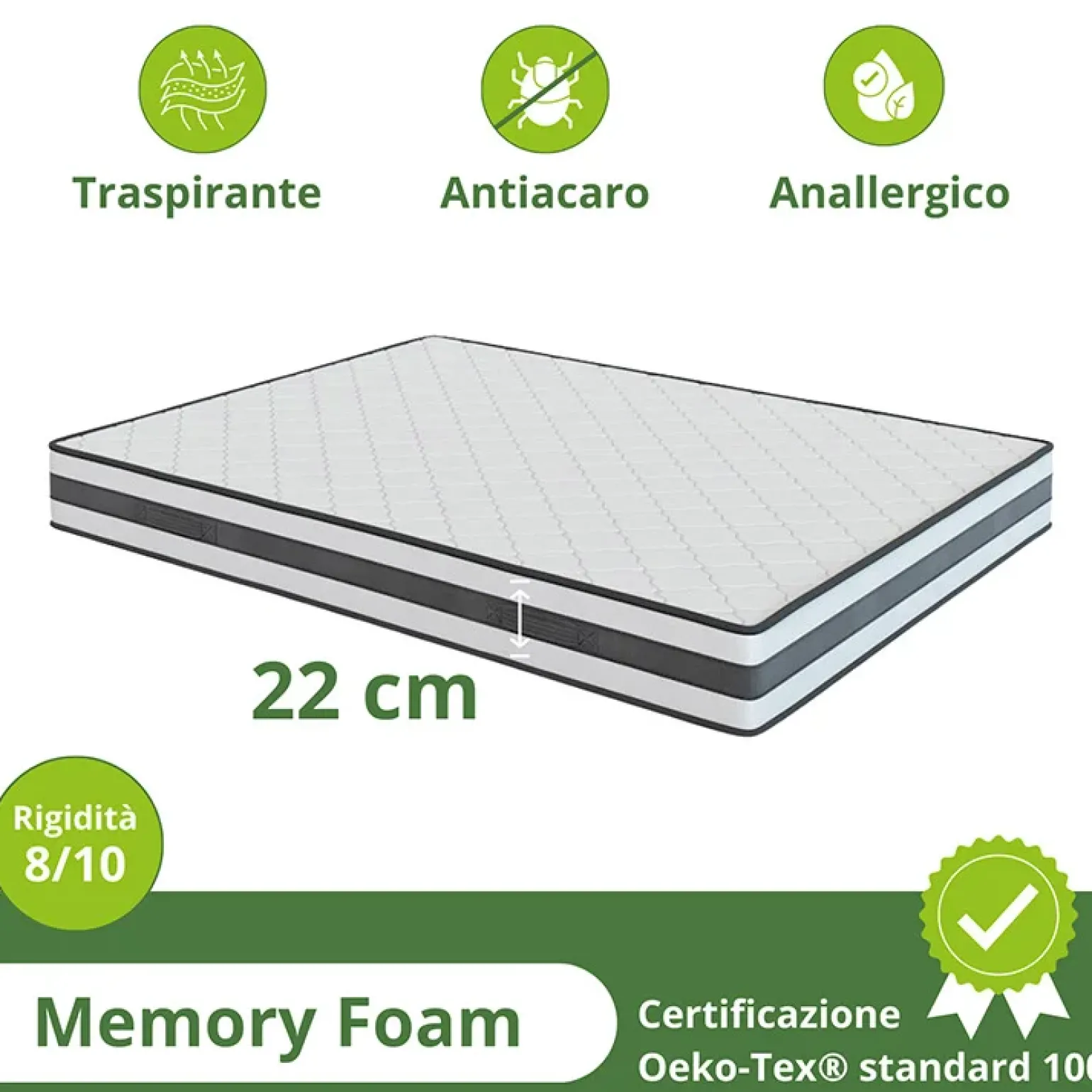 Materasso matrimoniale 180x200cm memory antiacaro H. 22cm Memory Deluxe