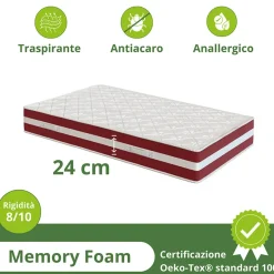 Materasso singolo 80x190cm doppio strato memory antiacaro H. 24cm Superior Memory
