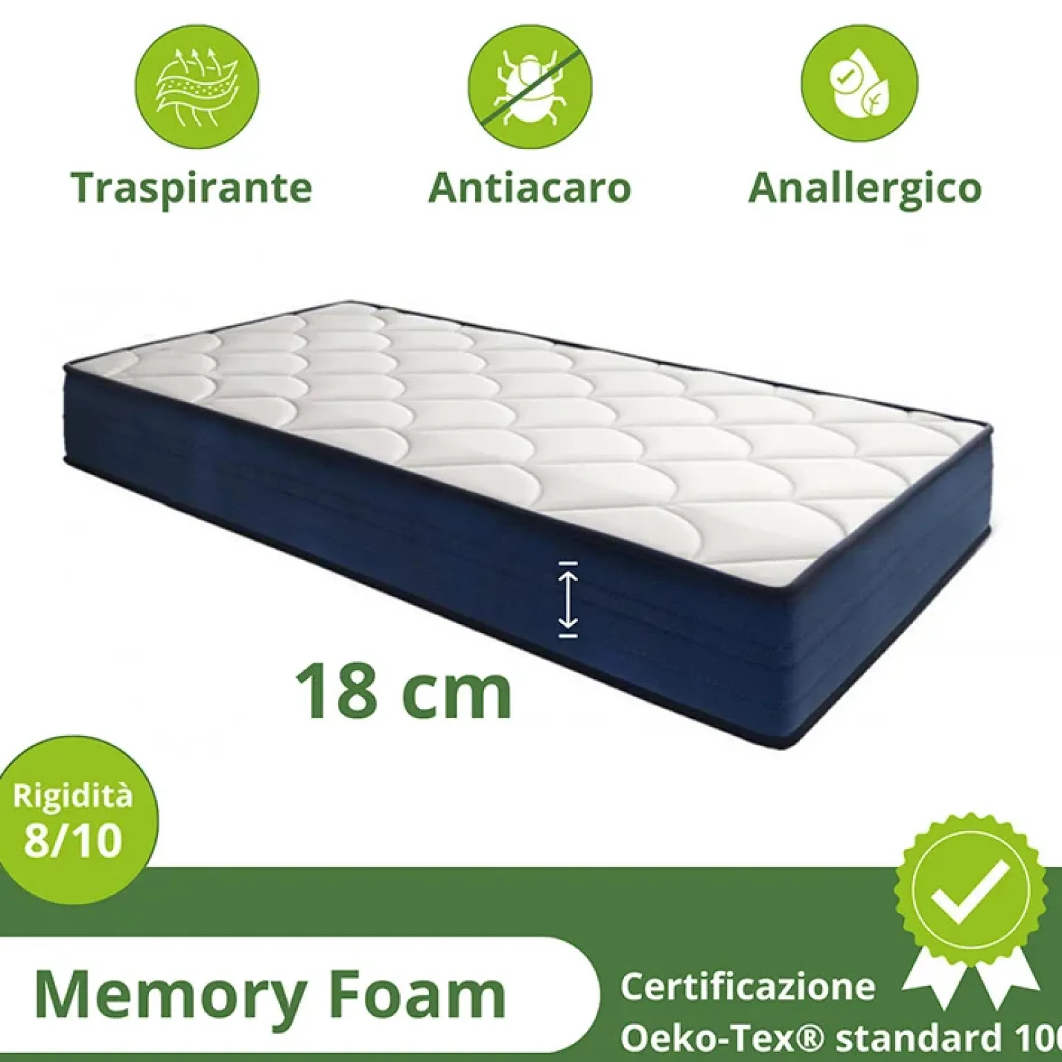 Materasso singolo 80x200cm memory lato estivo e invernale H. 18cm Basic Dream 50