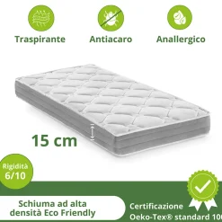 Materasso una piazza e mezza 120x190cm anallergico antiacaro H. 15cm Smart Sleep