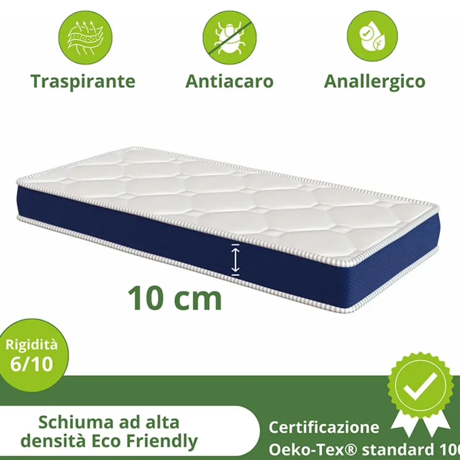 Materasso una piazza e mezza 120x190cm schiumato antiacaro H. 10cm Top Dream