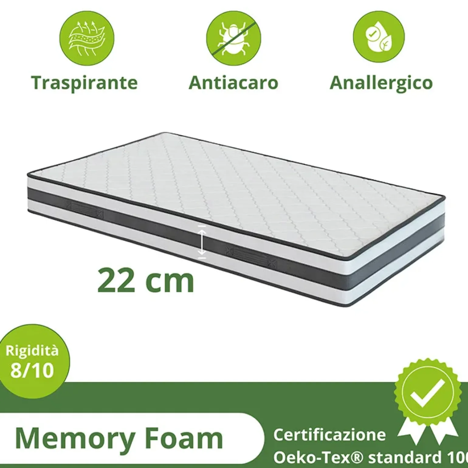 Materasso una piazza e mezza 120x190cm memory antiacaro H. 22cm Memory Deluxe