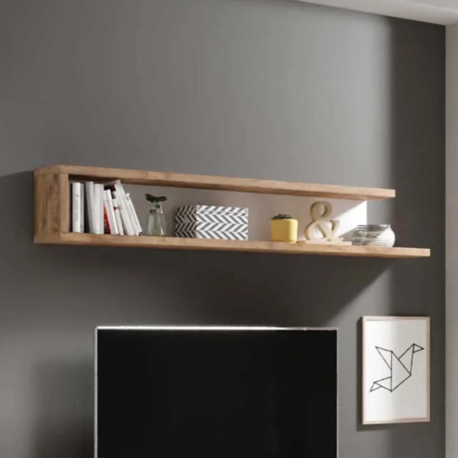 Mensola 180x28h cm da parete moderna bianco lucido rovere Aria
