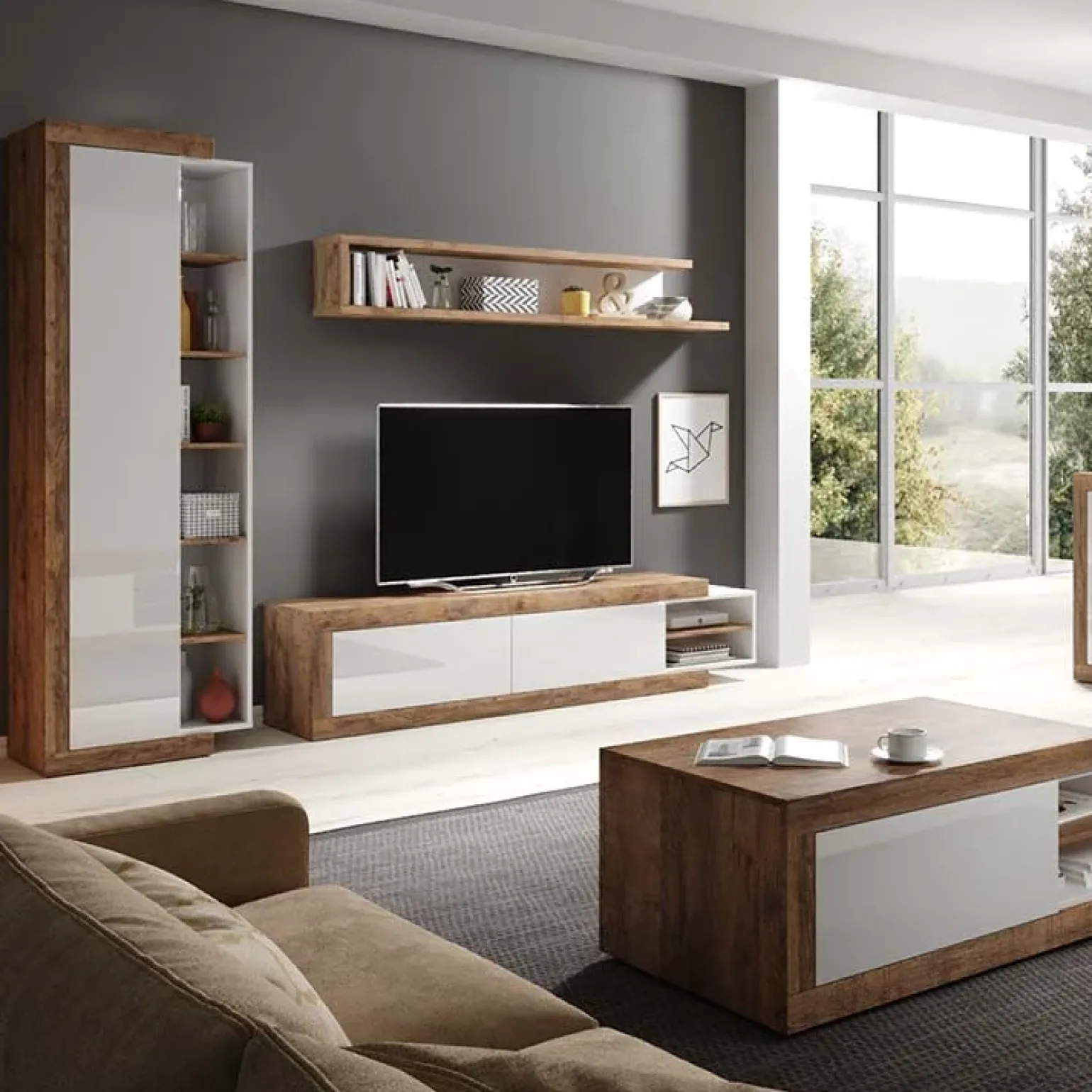 Mensola 180x28h cm da parete moderna bianco lucido rovere Aria