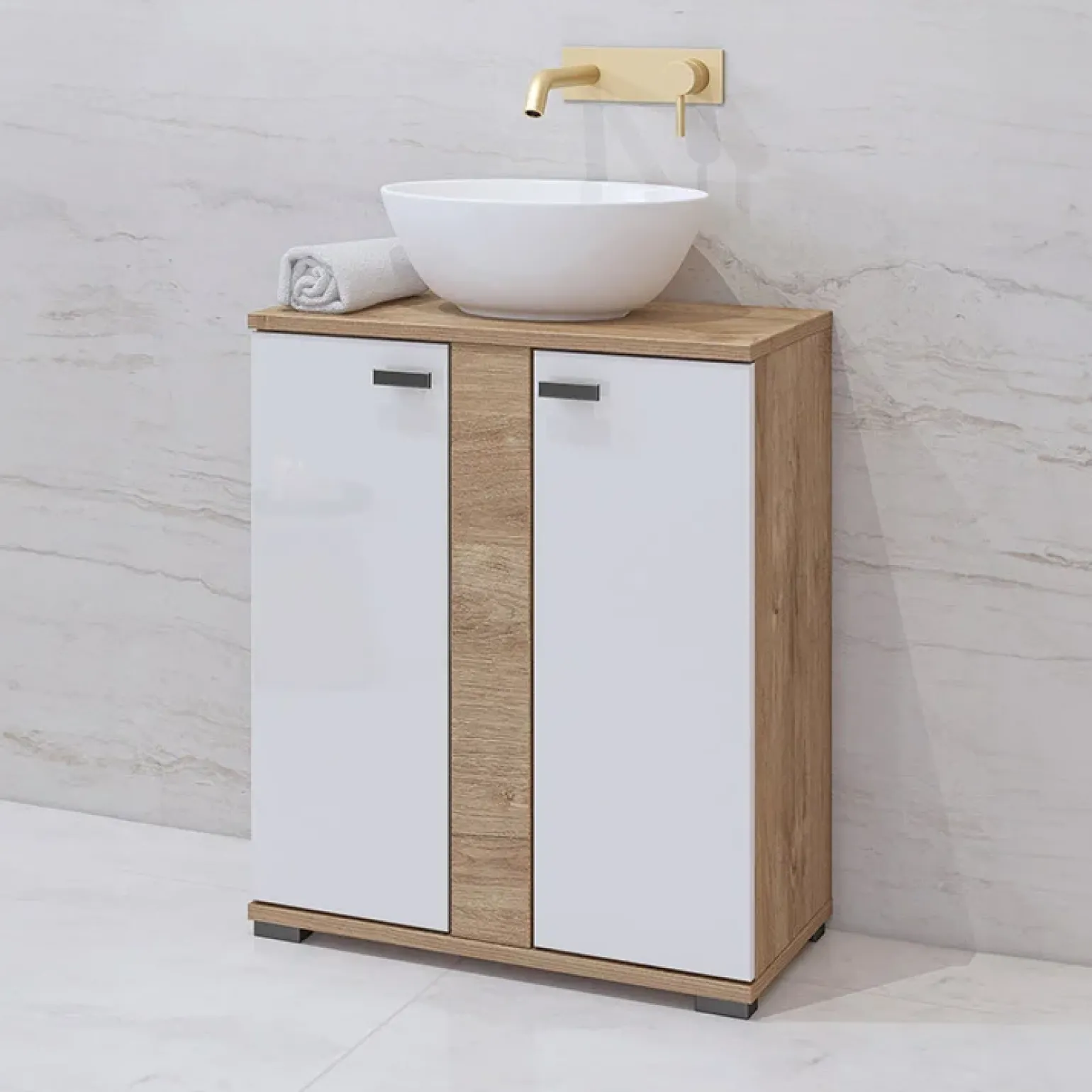 Mobile bagno a terra 61cm 2 ante bianco lucido rovere Crystal