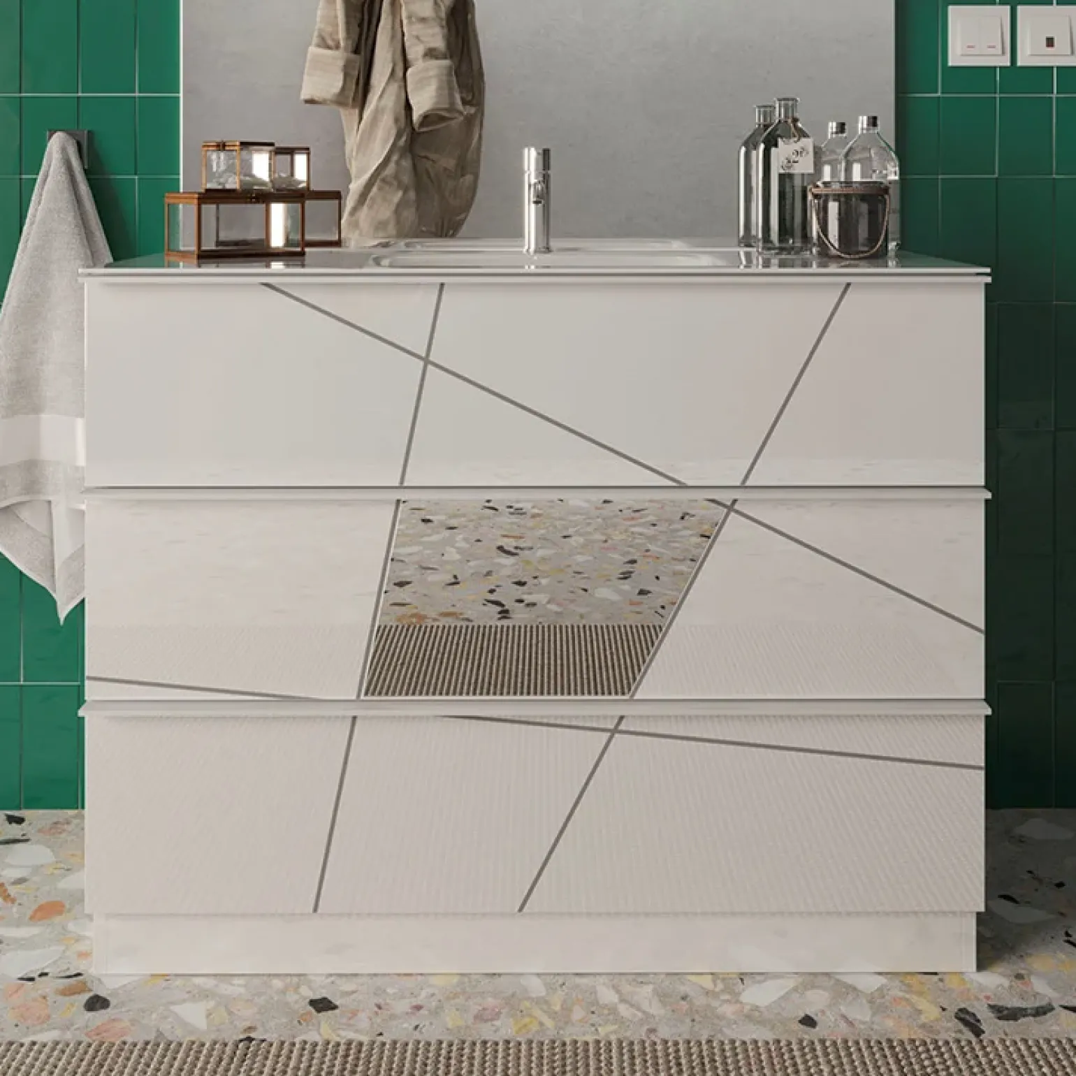 Mobile bagno a terra 100cm con lavabo 3 cassetti bianco lucido specchi Olimpo