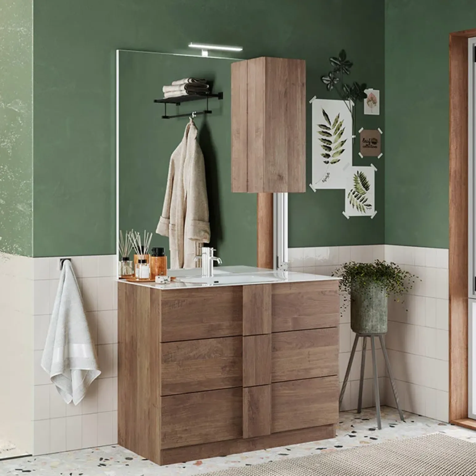 Mobile bagno a terra 100cm con lavabo e specchio rovere Alvarez