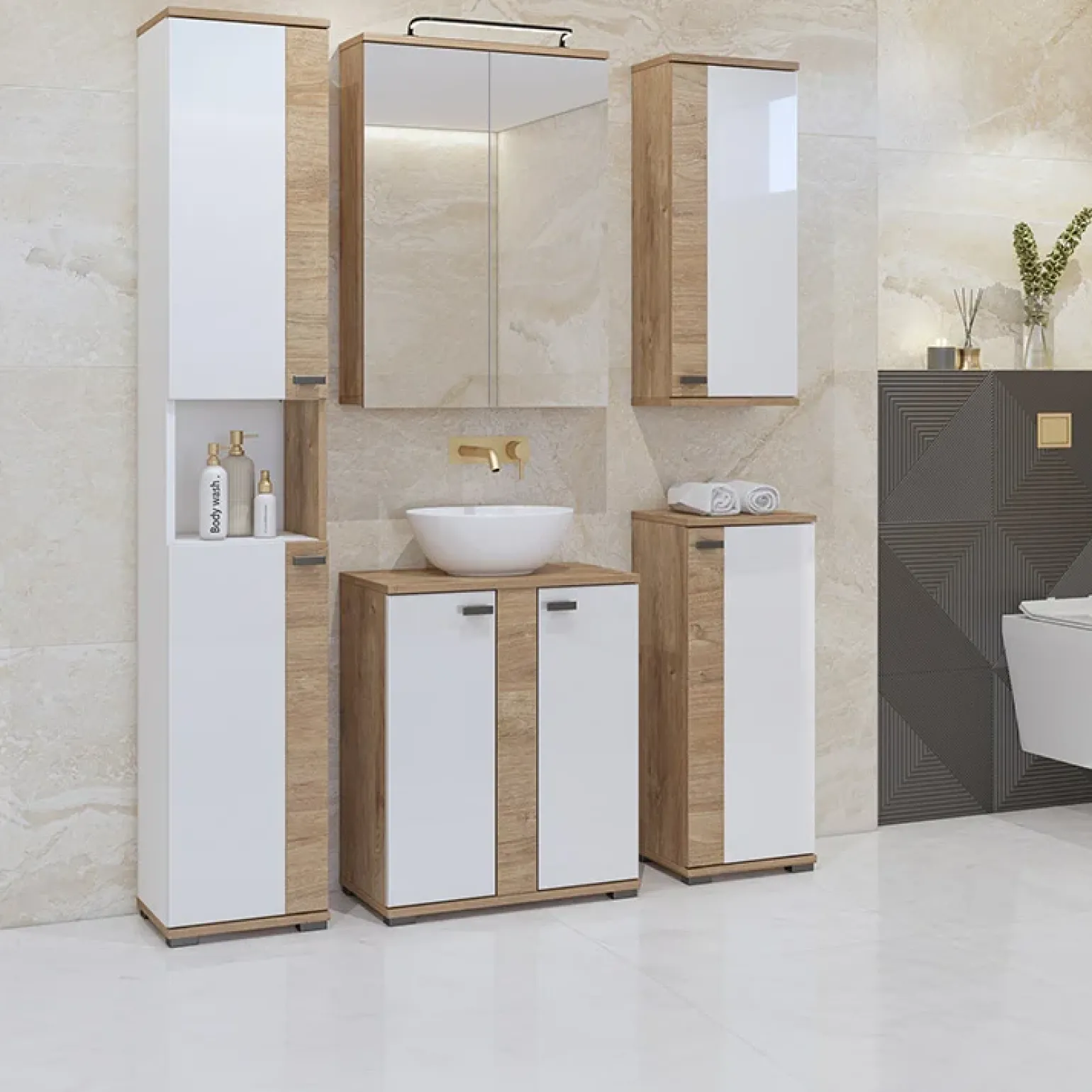 Mobile bagno a terra 61cm con specchio e colonne bianco lucido rovere Crystal