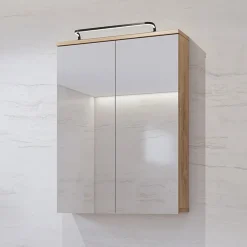 Mobile bagno a terra 61cm con specchio e colonne bianco lucido rovere Crystal