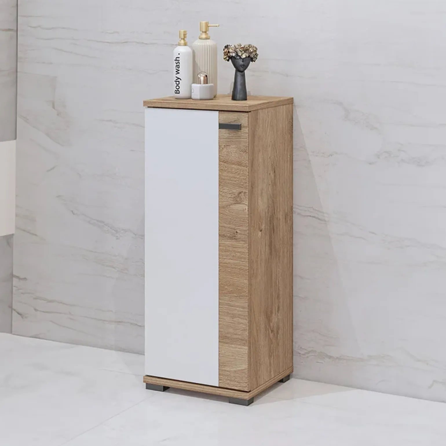 Mobile bagno a terra 61cm con specchio e colonne bianco lucido rovere Crystal