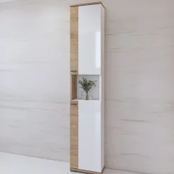 Mobile bagno a terra 61cm con specchio e colonne bianco lucido rovere Crystal