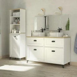Mobile bagno a terra 120cm con doppio lavabo e colonna shabby bianco rovere Ilias