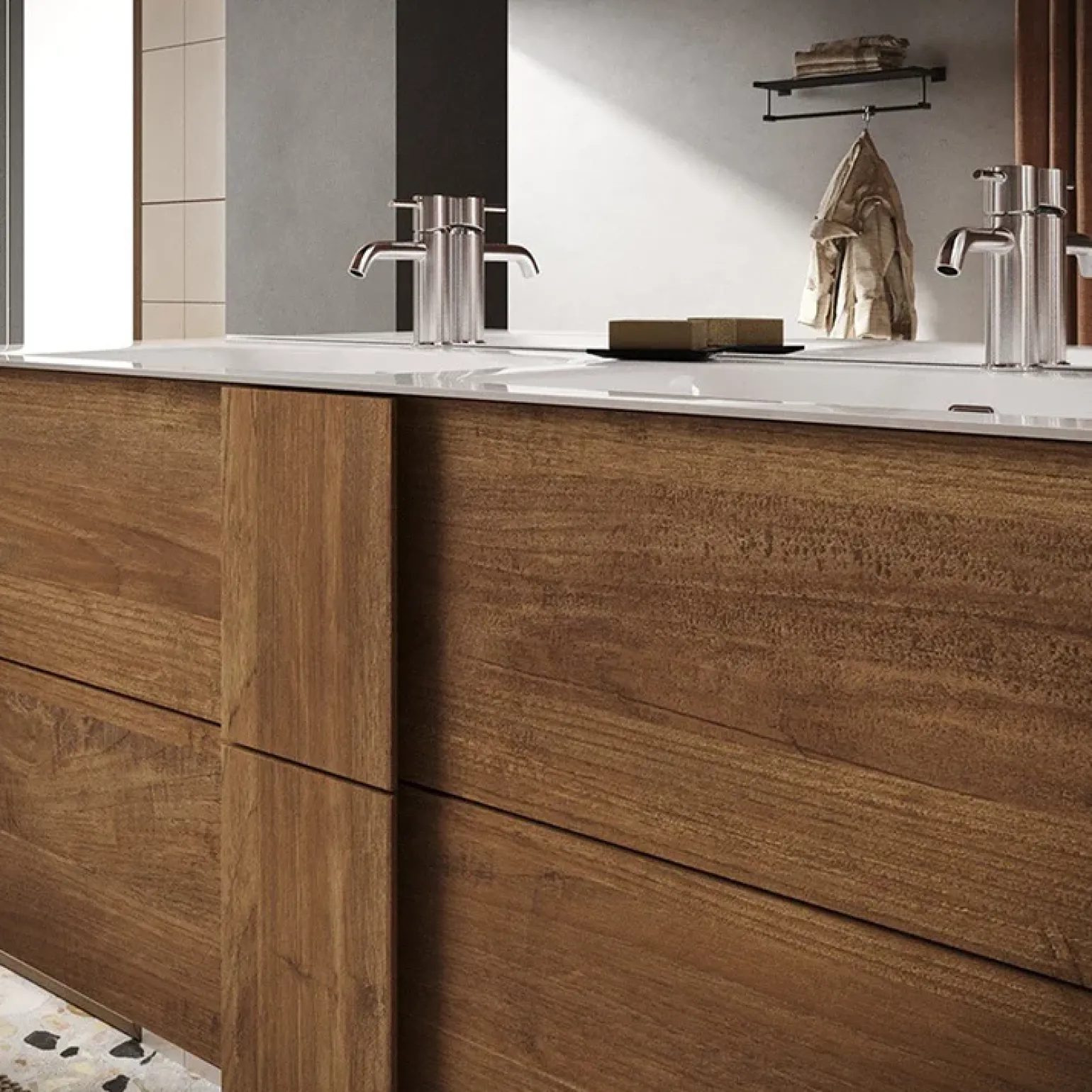 Mobile bagno a terra 120cm con doppio lavabo e specchio rovere Alvarez