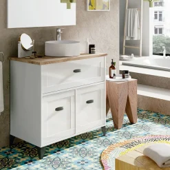 Mobile bagno a terra 82cm con lavabo e colonna shabby bianco rovere Ilias