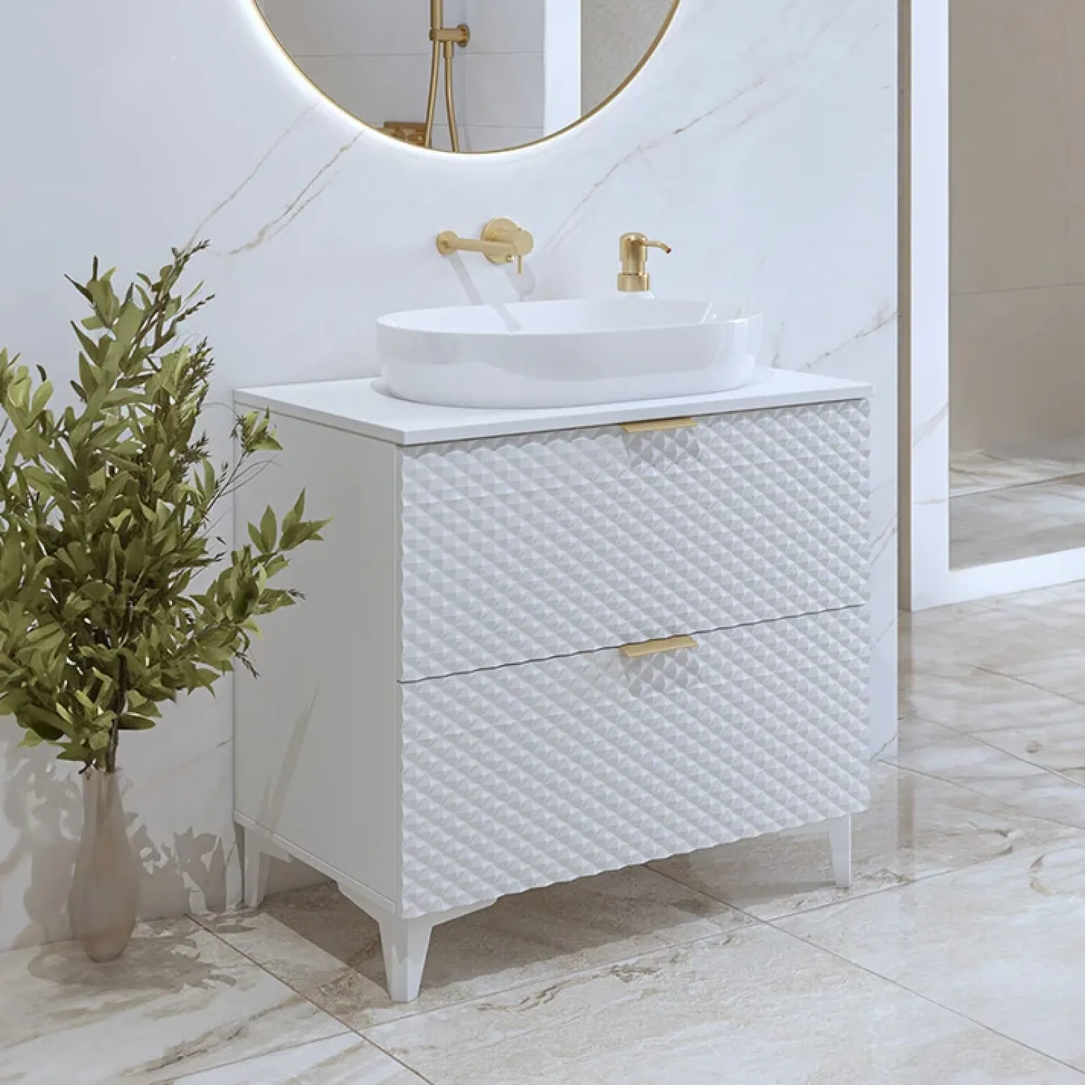 Mobile bagno a terra 81cm con colonna bianco frontali decorati Konny