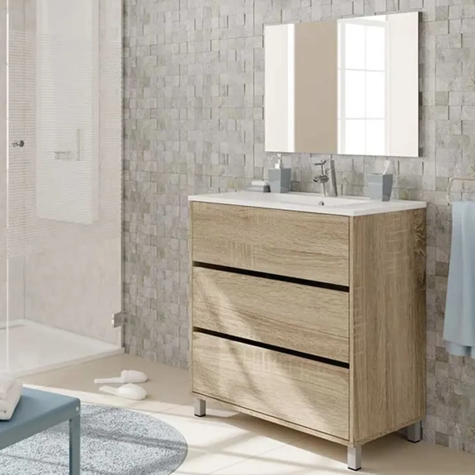 Mobile bagno a terra 82cm con lavabo e specchio 3 cassetti rovere Shutter