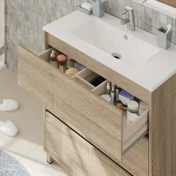 Mobile bagno a terra 82cm con lavabo e specchio 3 cassetti rovere Shutter