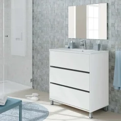 Mobile bagno a terra 82cm con lavabo e specchio 3 cassetti bianco opaco Shutter