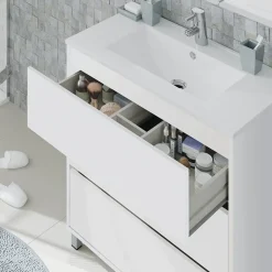 Mobile bagno a terra 82cm con lavabo e specchio 3 cassetti bianco opaco Shutter