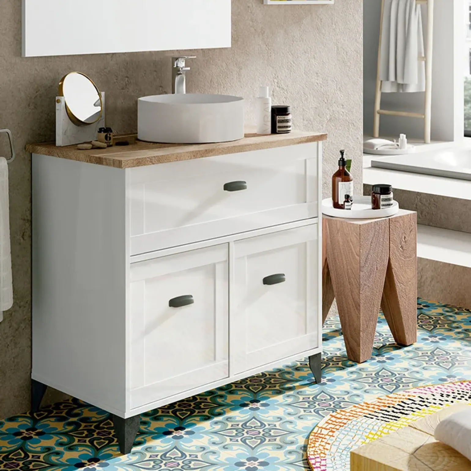 Mobile bagno a terra 82cm con lavabo 2 ante bianco rovere Ilias