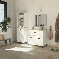 Mobile bagno a terra 82cm con lavabo 2 ante bianco rovere Ilias