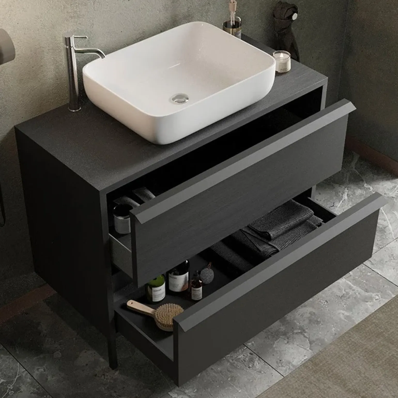 Mobile bagno a terra 92cm con lavabo e specchio nero frassinato Absolut