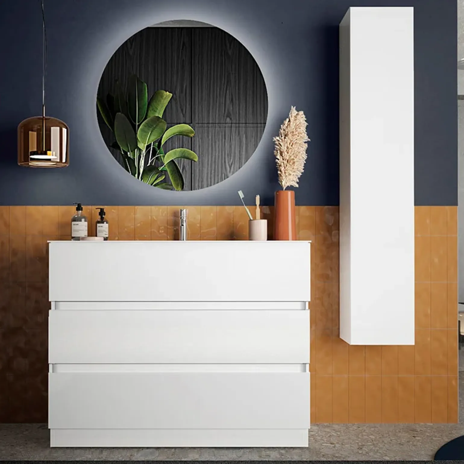 Mobile bagno a terra 100cm con lavabo e specchio bianco lucido Moon