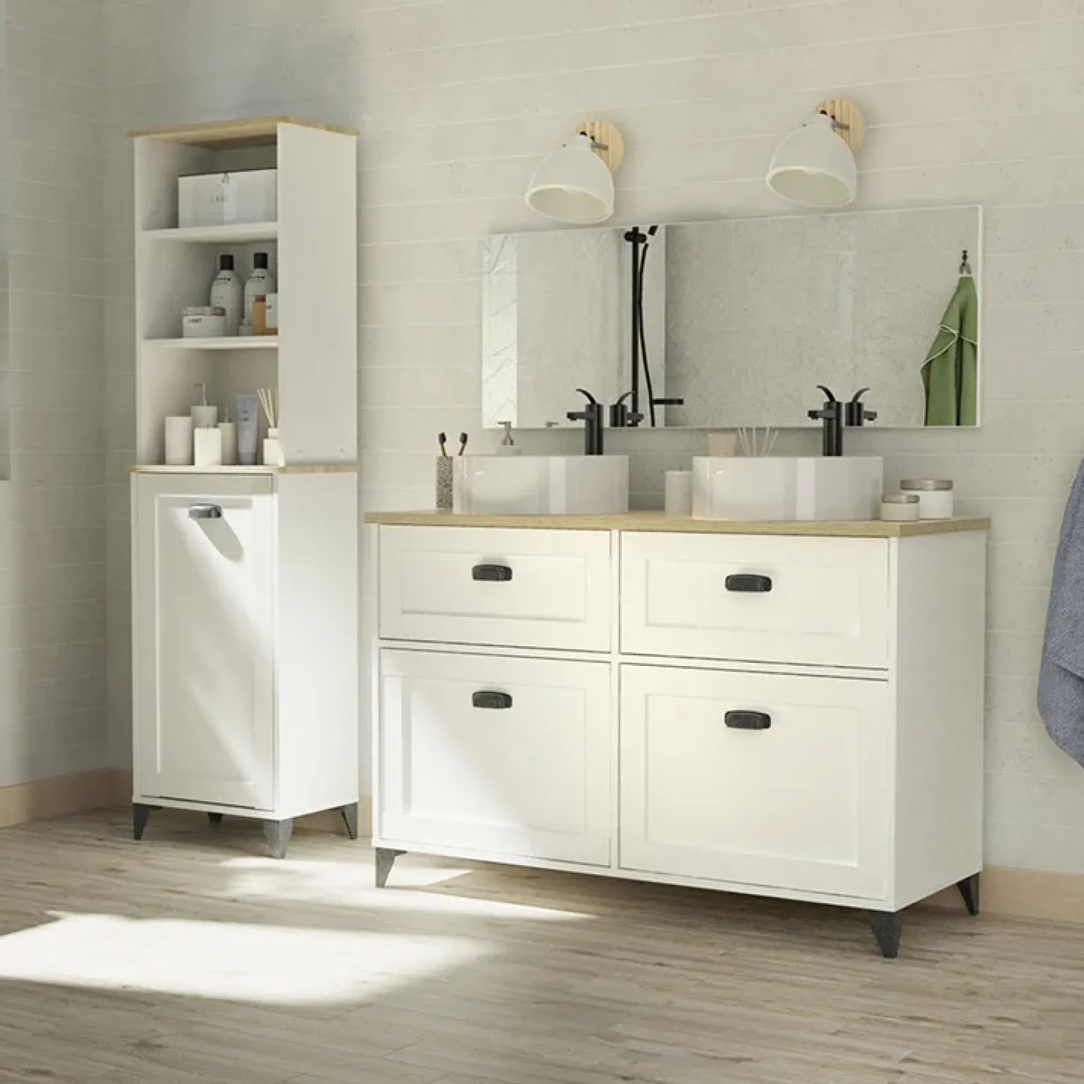 Mobile bagno a terra 120cm con doppio lavabo 2 ante 2 cassetti bianco rovere Ilias