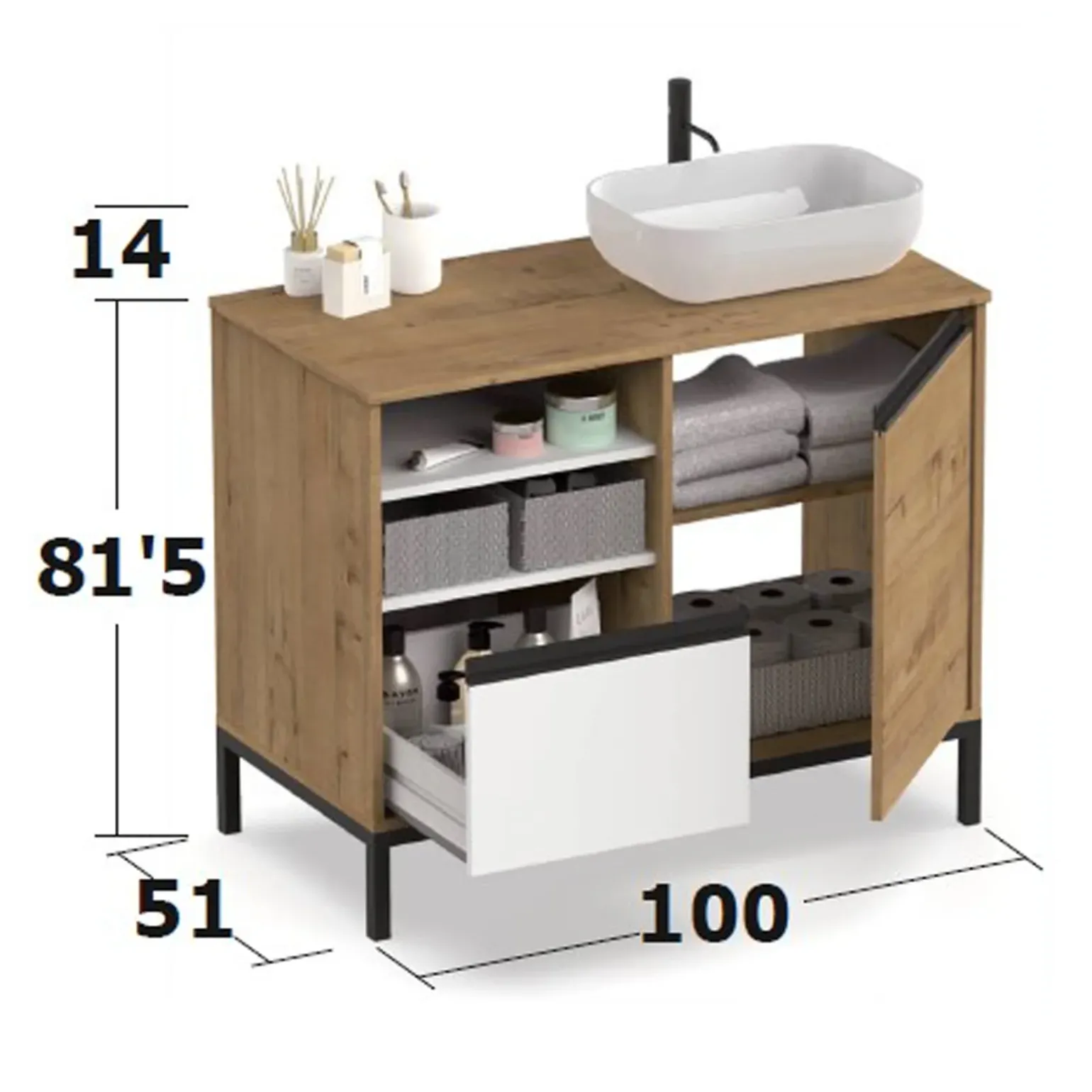 Mobile bagno a terra 100cm con lavabo e colonna 3 ante 1 cassetto rovere bianco Jasmund