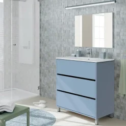 Mobile bagno a terra 82cm con lavabo e specchio 3 cassetti blu chiaro Shutter