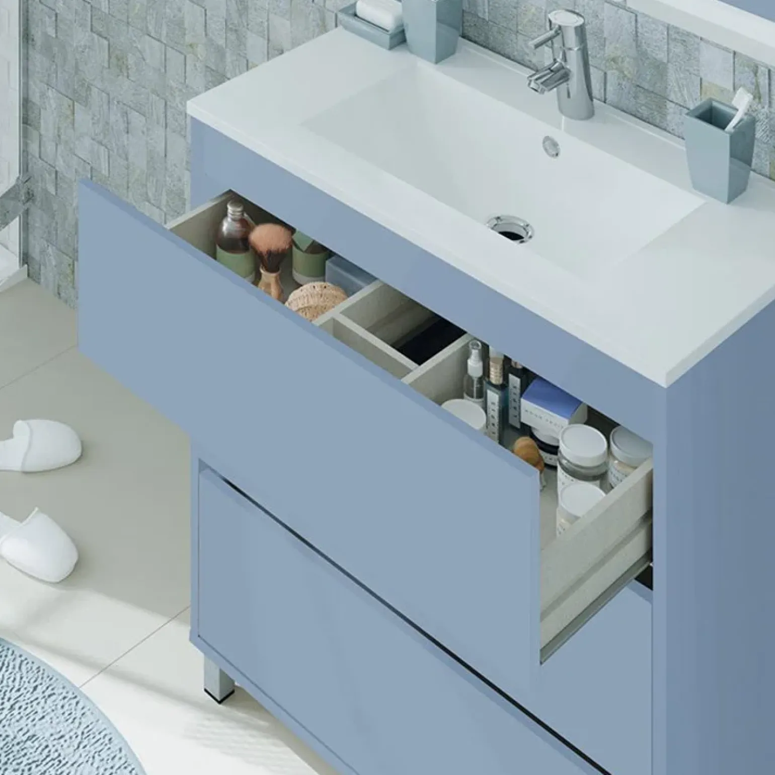 Mobile bagno a terra 82cm con lavabo e specchio 3 cassetti blu chiaro Shutter