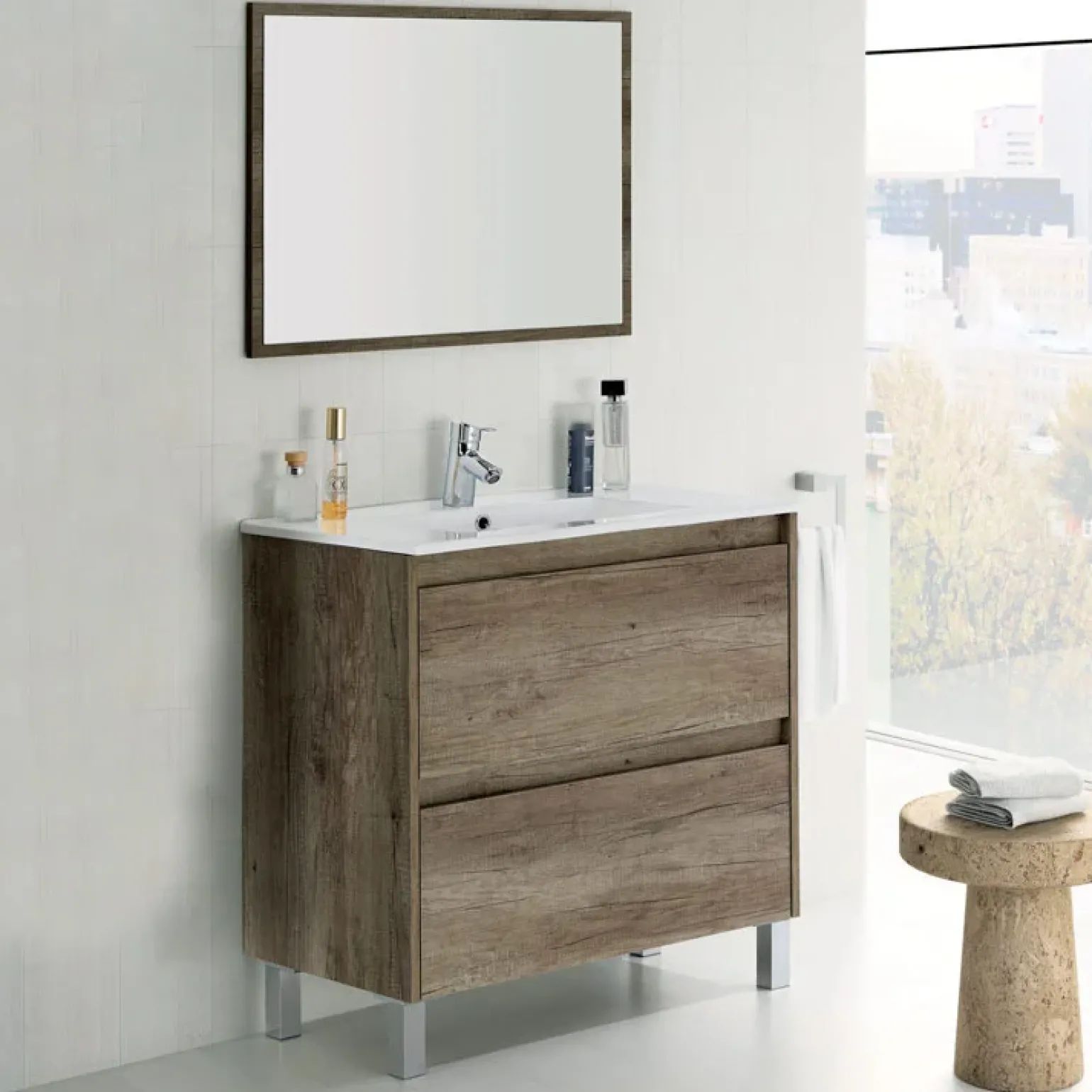 Mobile bagno a terra 80cm con lavabo e specchio rovere nordik Eveline