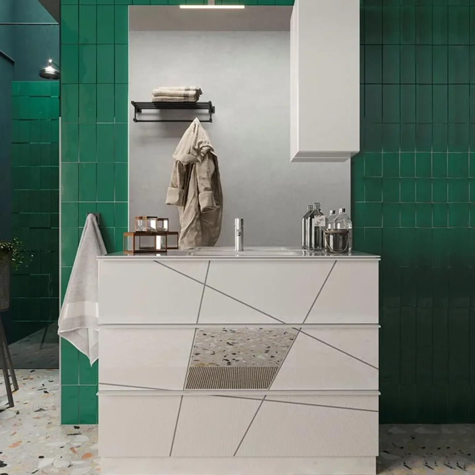 Mobile bagno a terra 100cm con lavabo e specchio bianco lucido specchi Olimpo