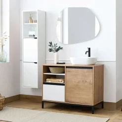 Mobile bagno a terra 100cm con lavabo e colonna 3 ante 1 cassetto bianco rovere Jasmund