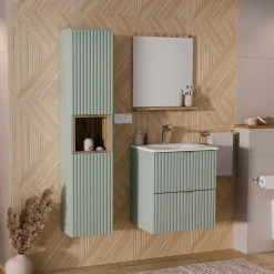 Mobile bagno sospeso cannettato 50cm con lavabo, specchio e colonna verde salvia rovere Greeny