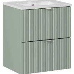 Mobile bagno sospeso cannettato 50cm con lavabo, specchio e colonna verde salvia rovere Greeny