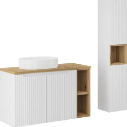 Mobile bagno sospeso cannettato 100cm con lavabo e colonna bianco rovere Cleany