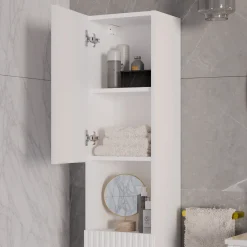 Mobile bagno sospeso cannettato 100cm con lavabo e colonna bianco rovere Cleany