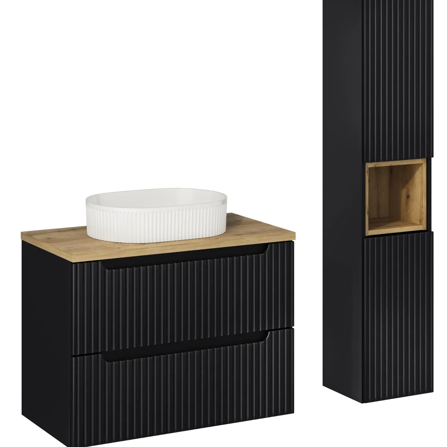 Mobile bagno sospeso cannettato 80cm con lavabo e colonna nero rovere Cleany